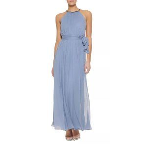DKNY Women’s Embellished Beaded Halter Neckline Belted Formal Dress Blue 2